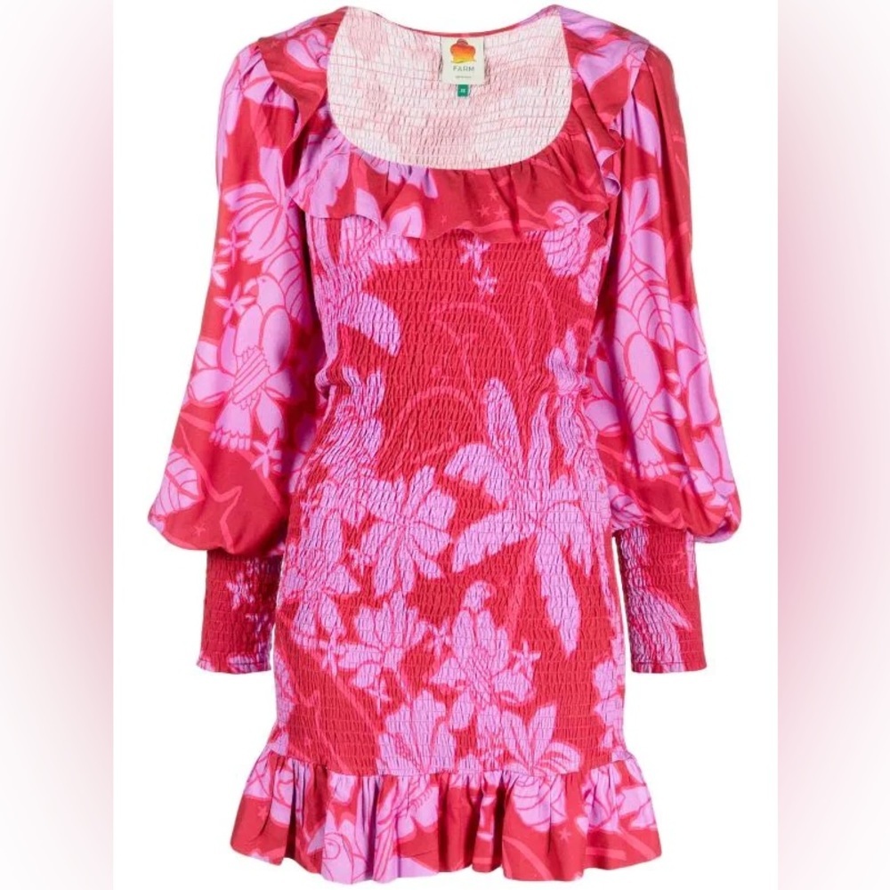 Farm Rio dress living nature pink red women’s medium long‎ puff sleeve